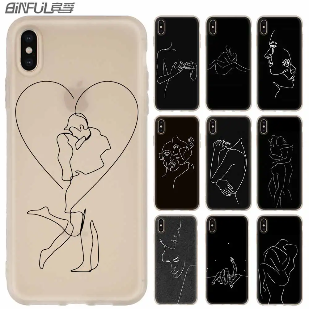 

Silicone Soft Phone Shell Case for iPhone 13 12 11 Pro X XS Max XR 8 7 6 Plus SE 2020 Coque Minimalist line sexy couple