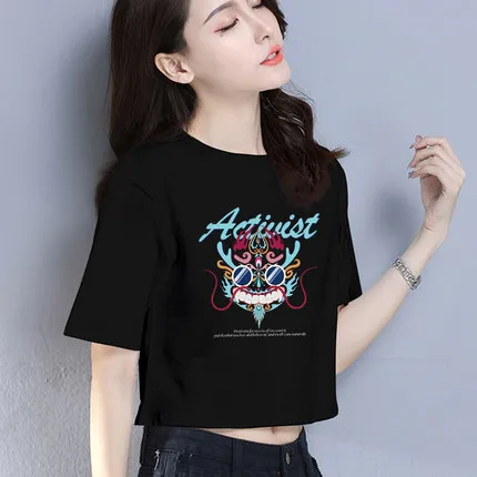 

HAN Short-sleeved T-shirt women's summer new design sense niche black loose thin high waist cropped cotton all-match blouse