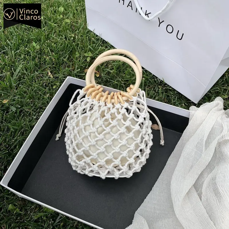 Маленькие плетеные пляжные сумочки для женщин круглые сетчатые сумки-тоуты