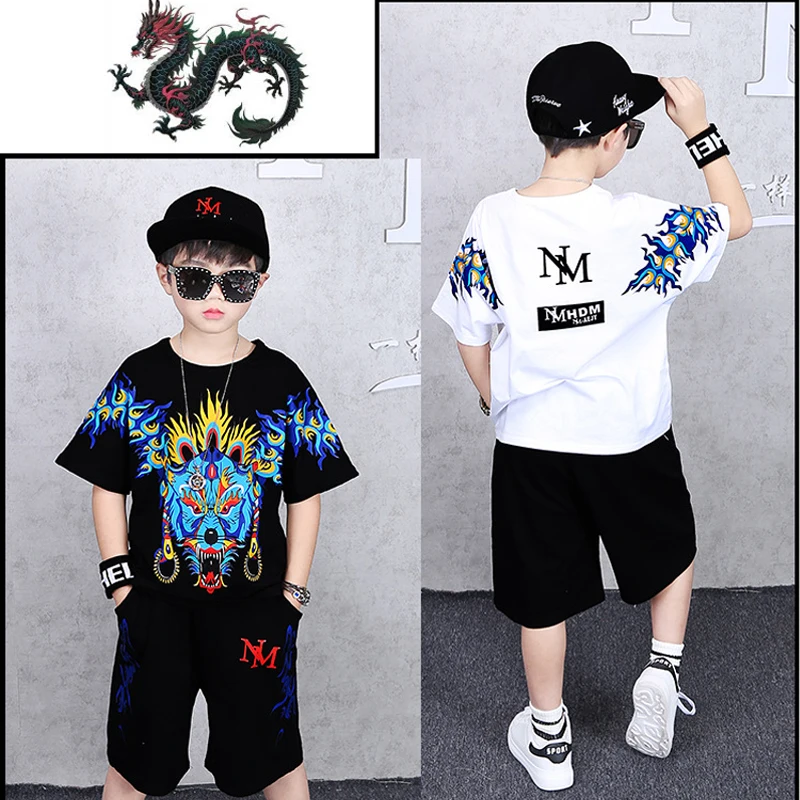 2019 Casual boy tracksuit Dragon printing tshirt+harem pant Fashion teenager Boy Clothes Cool Kids Hip Hop Clothing Sports Suit | Детская