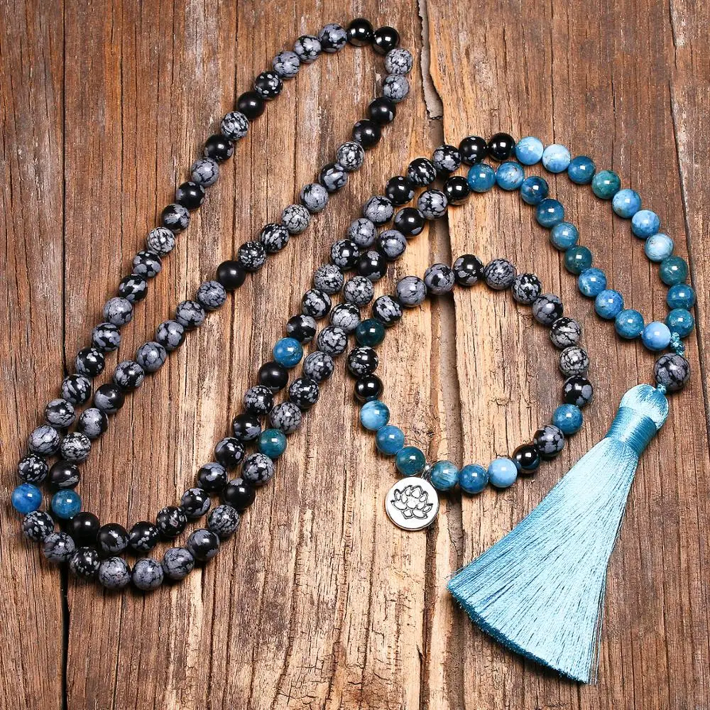 Ожерелье из натурального Обсидианового камня в виде снежинки 8 мм и апатита 108