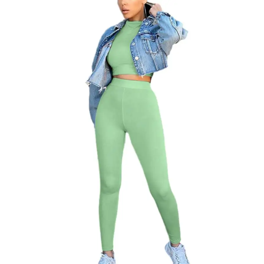 

Womens Summer Suits Solid Long-Sleeves Short Top High-Waist Skinny Pants Casual Outfits for Ladies