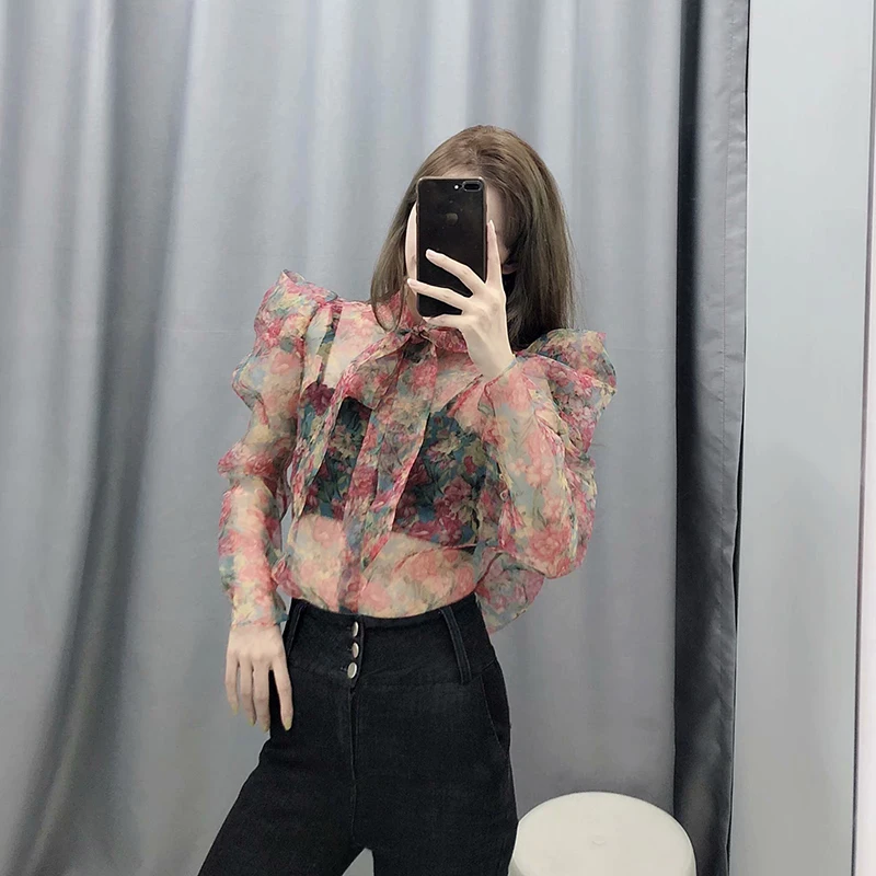 Женская прозрачная блузка с цветочным принтом сексуальная из органзы пышными