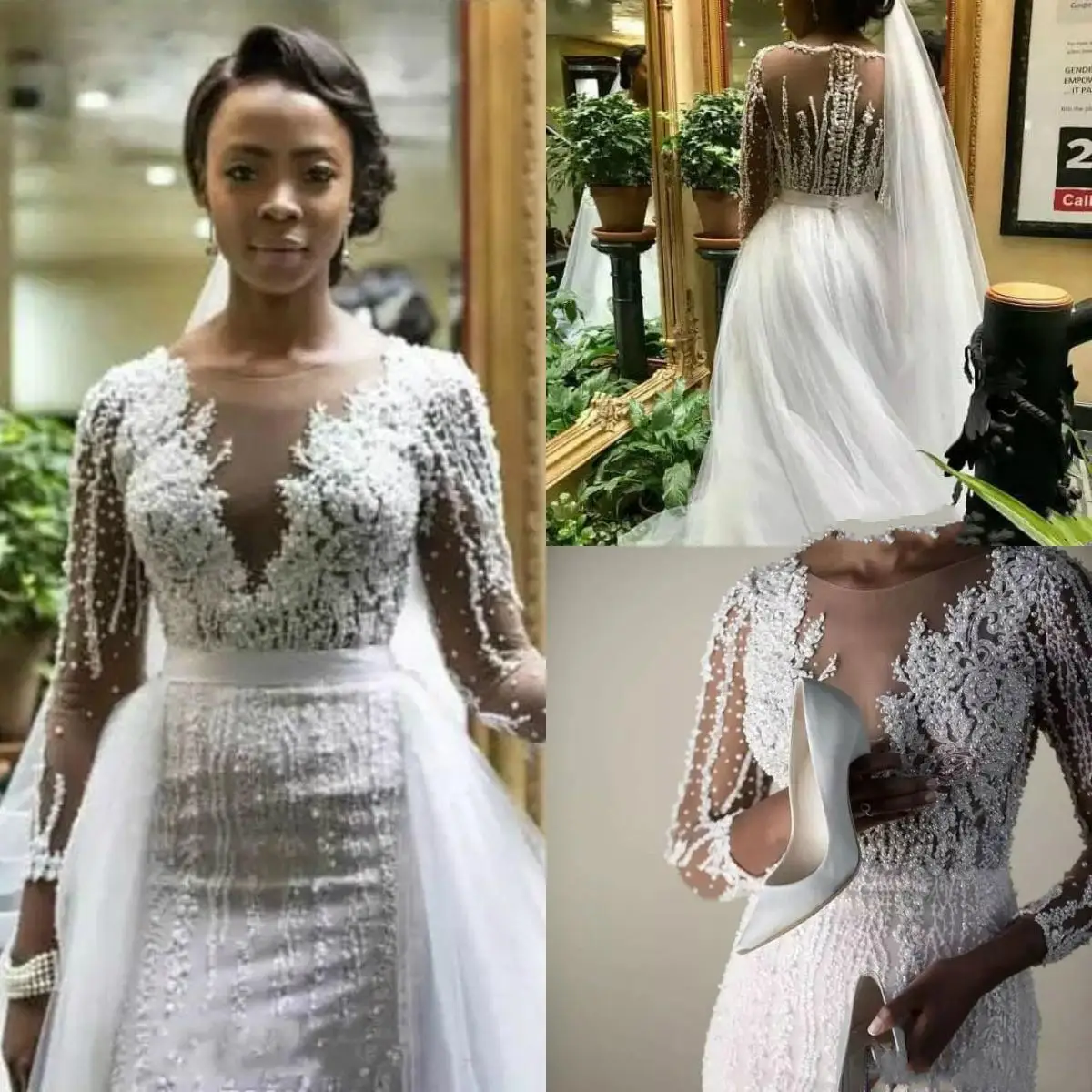 

Mermaid Nigerian Long Sleeves Wedding Dresses South African Black Girls Garden Country Church Bride Bridal Gowns Custom