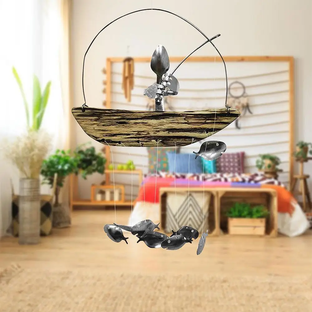 

Fishing Man Spoon Wind Chime Metal Funny Sculptures Indoor Outdoor Hanging Statue Ornaments for Bedroom Window Garden Wall Decor