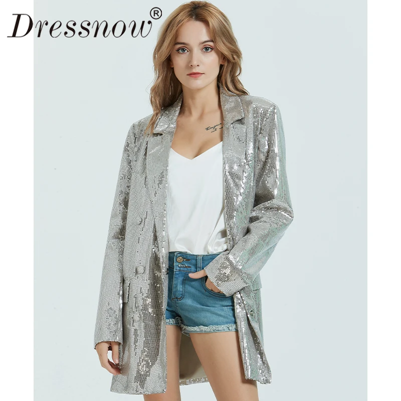 Dressnow Женский блейзер с блестками на весну и осень женское серебряное Свободное