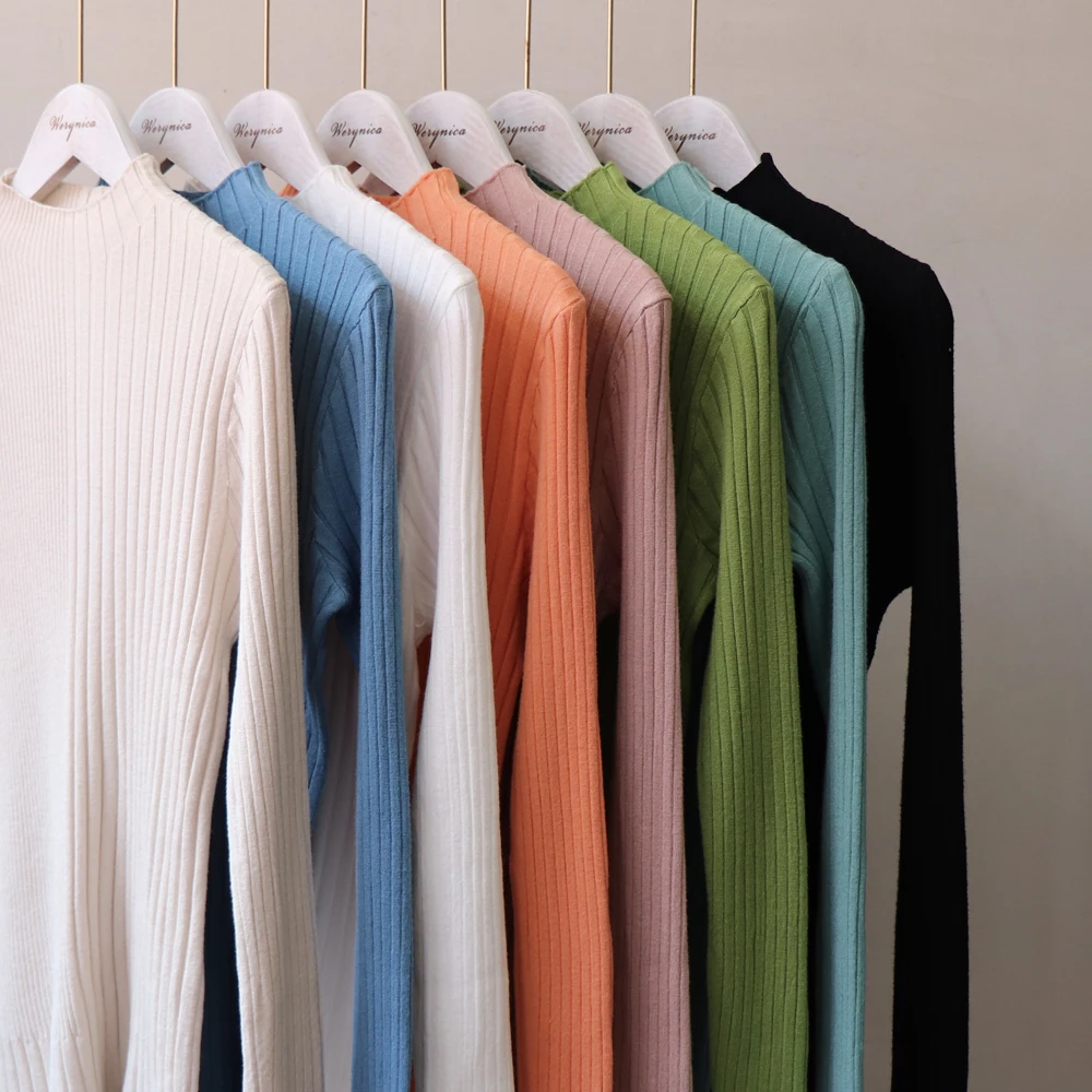 Женский свитер с высоким воротником базовый облегающий пуловер длинными