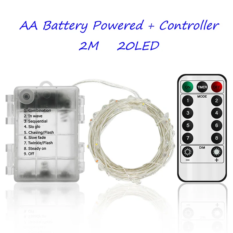 2M Battery 8 Modes Светодиодный светильник-гирлянда с серебряной проволокой, теплая белая Гирлянда, украшение для дома, Рождества, свадьбы, вечеринки, питание от батареи, тесто, USB, 10 м - Испускаемый цвет: 2M Battery 8 Modes