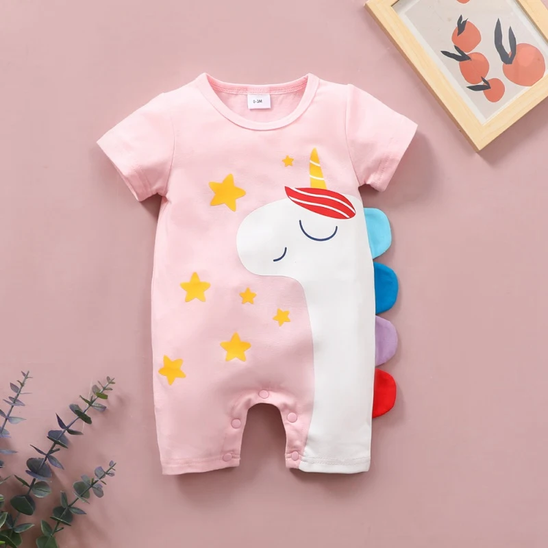 Summer Cartoon Baby Boy Girl Rompers Cute Animals Pattern Short Sleeved Shorts Clothes Infant Cotton Jumpsuit Outfit Clothing Newborn Knitting Romper Hooded 