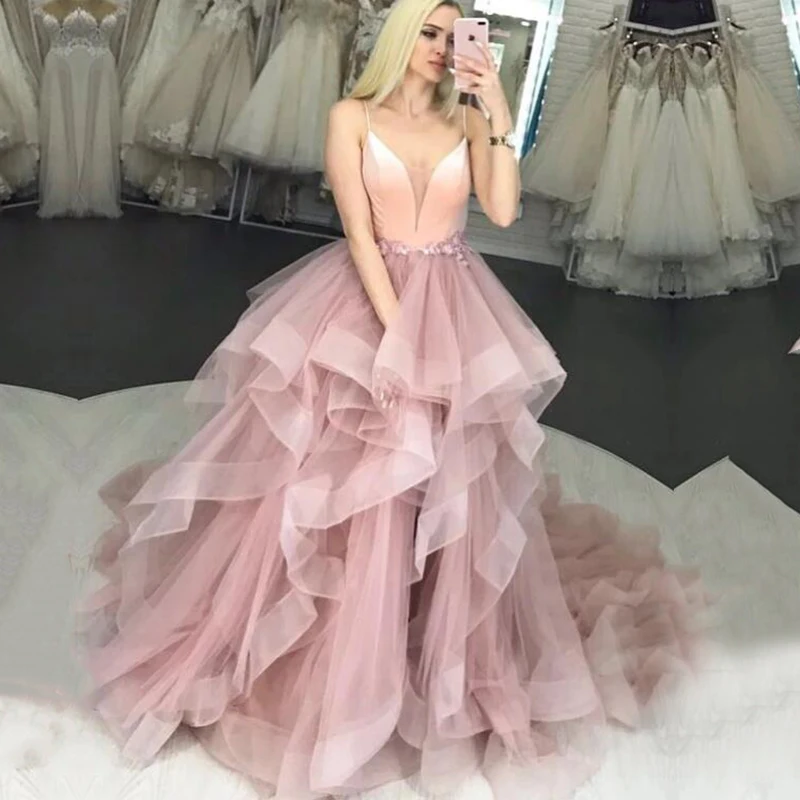

Blush Pink Prom Dress 2020 Spaghetti Strap Flowers Tulle Ruffles Custom Made Evening Gown Girl Party Dress for Graduation