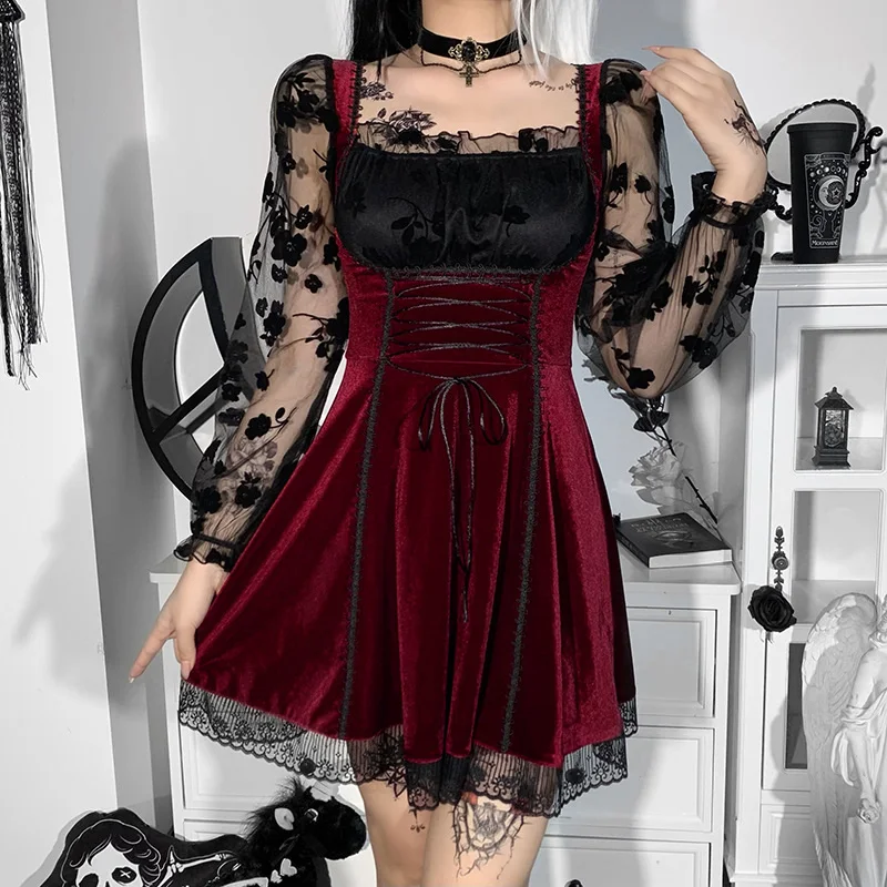 

Fashion Gothic Dresses Velvet Patchwork Lace Long Sleeve Bandage SML A-line Dress Women Y2k Vintage Mini Dress Korean Harajuku