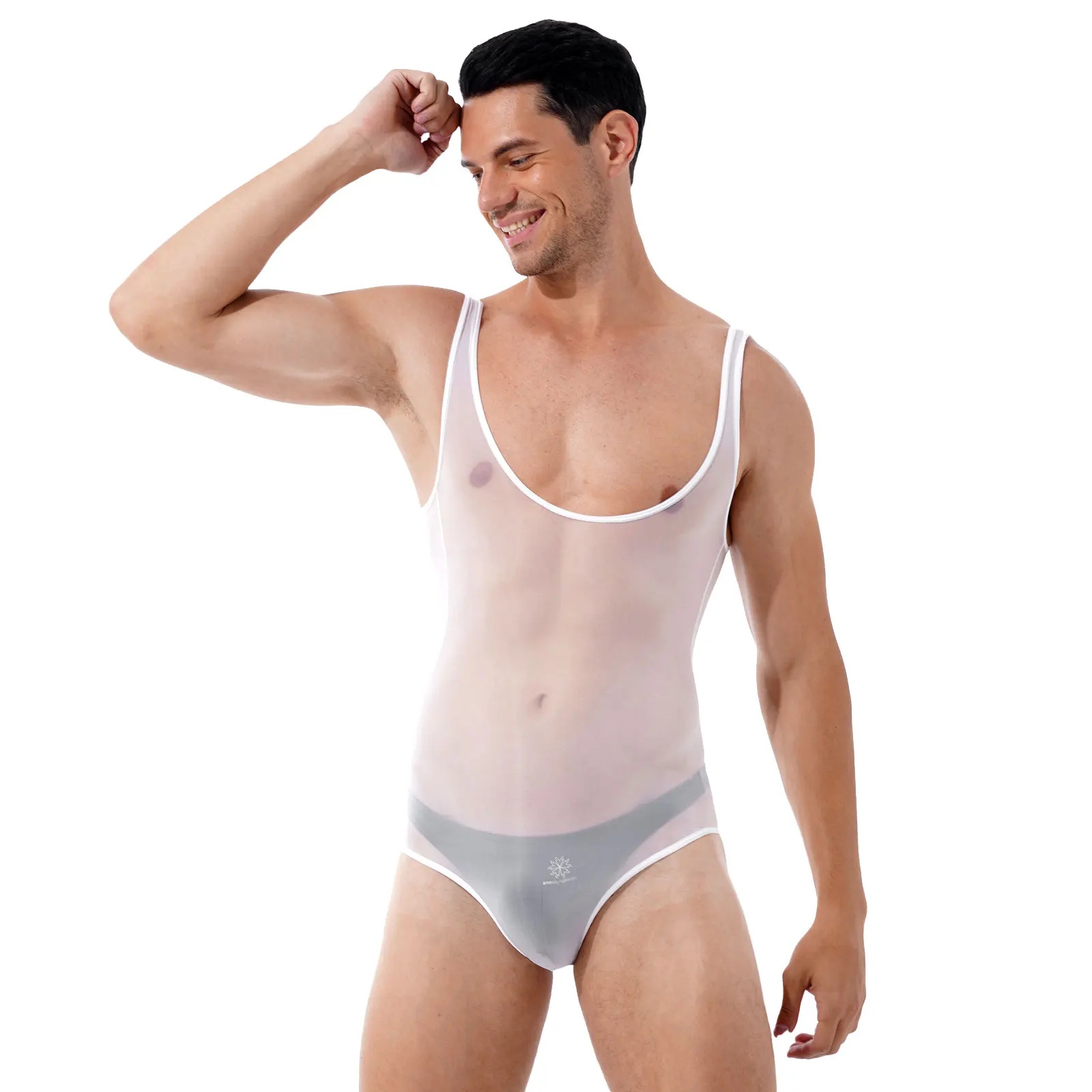 

Men Exotic See-through Bodysuit Underwear Glossy Scoop Neck Sleeveless Leotard for Lingerie Party Honeymoon Gift