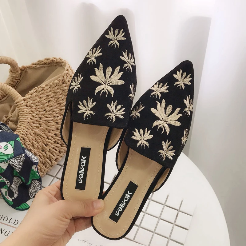 Женские туфли без задника с вышитыми пчелками Шлепанцы на плоской подошве