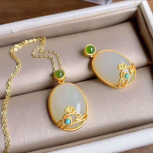 

HML& Silver natural Hetian white jade pendant necklace Chinese unique ancient gold craft charm women's brand jewelry
