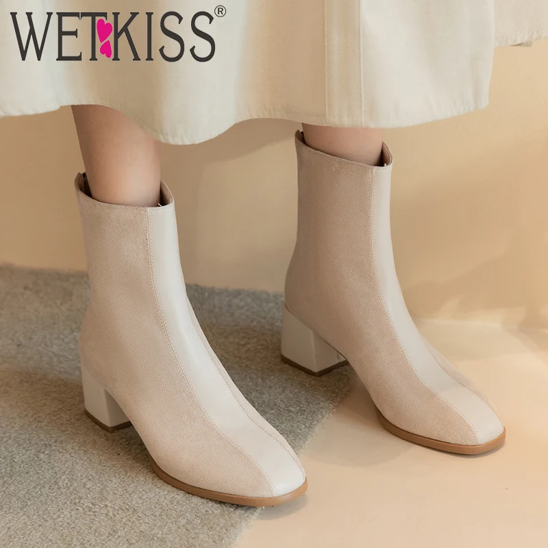 WETKISS/флоковые сапоги с вышивкой; женские ботильоны на высоком толстом каблуке; женская обувь на молнии; женская обувь с квадратным носком; Сезон Зима; Новинка года