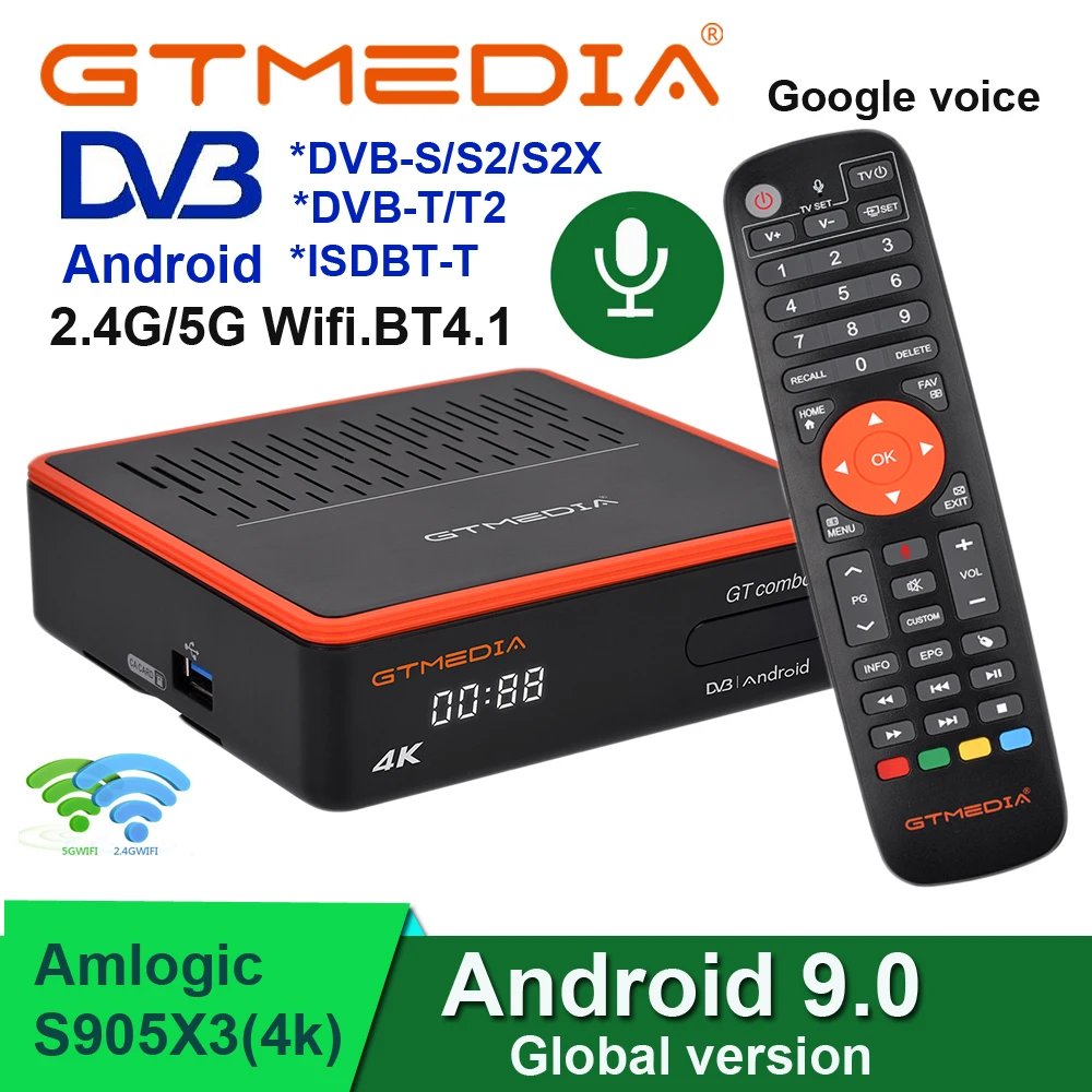 

Google Voice Youtube 2.4G Wifi BT CA Card CCam M3u Decoder DVB S2 S2X T2 Satellite Receiver Android 9.0 TV Box GTMEDIA GT Combo