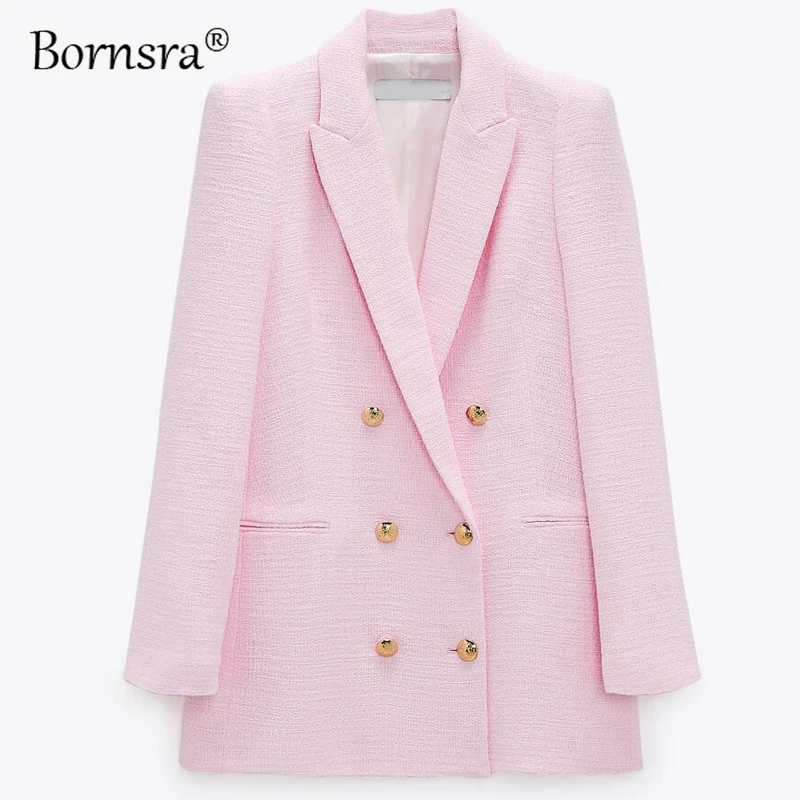 

Bornsra 2021 Spring Autumn Women Fashion White Pink Tweed Blazers and Jackets Chic Button Office Suit Coat Ladie Elegant Outwear