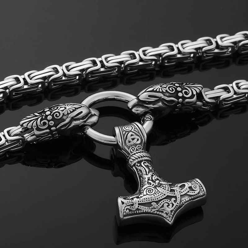 

2021 New Fashion Titanium steel Nordic Domineering Viking Dragon Thor's Hammer Men's Pendant Cool Necklace Jewelry Gift