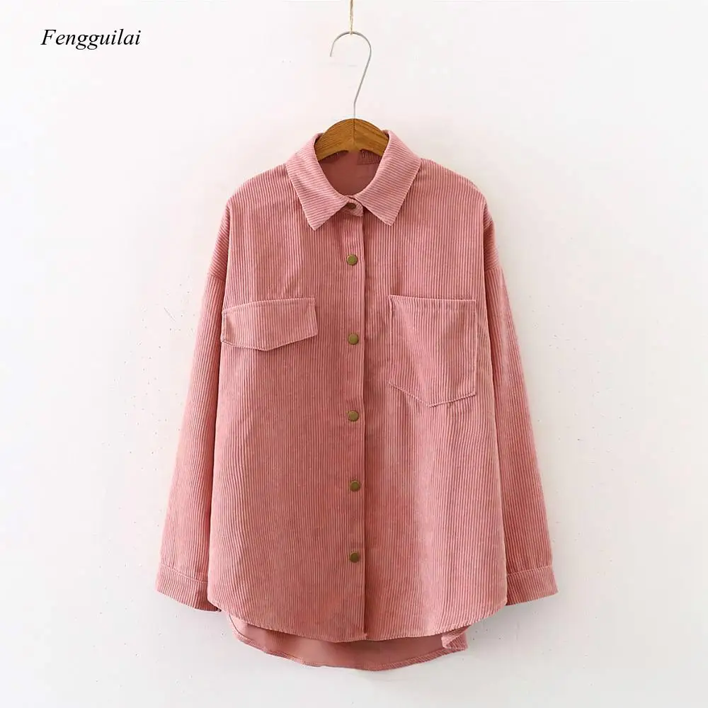 New Women Solid Corduroy Batwing Sleeve Vintage Blouse Turn-Down Collar Loose Top Button Up Pink Shirt Feminina Blusa