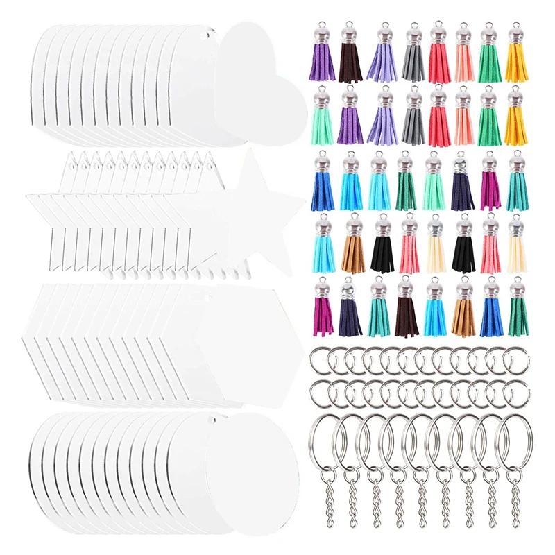 

160Pcs Acrylic Keychain Blanks Tassels Set - Acrylic Key Ornament Blank with Key Rings for DIY Keychain Vinyl Crafting