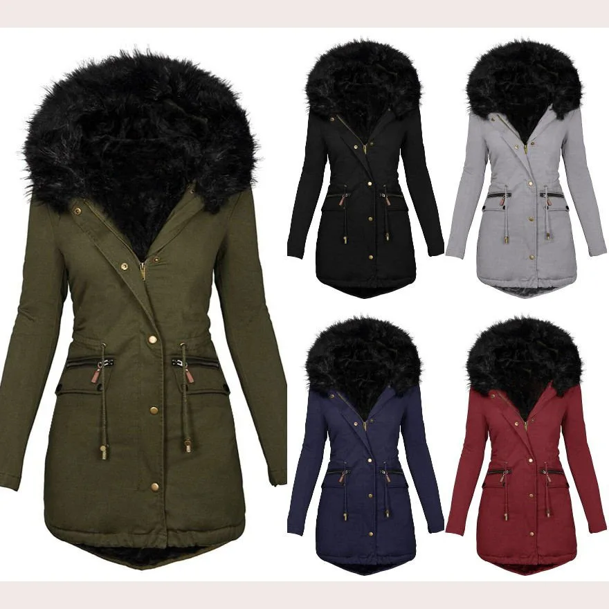 

Зимнее пальто Lugentolo, Женская Флисовая теплая куртка средней длины на молнии с меховым воротником и капюшоном, однотонная куртка на шнуровке