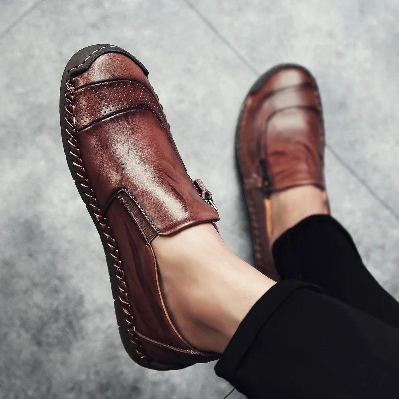 Fshion Men's Leather Casual Shoes Handmade Loafers Vintage Moccasin Slip on Rubber Flats Anti-skid Zip Opening Plus Size 38-48 | Обувь