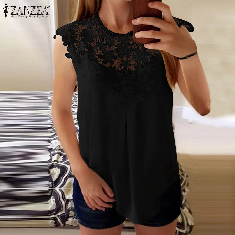

Lace Crochet Blouse Women Casual Sleeveless Floral Tank Tops ZANZEA Summer Elegant Oversize Female Shirt Holiday Party Chemise