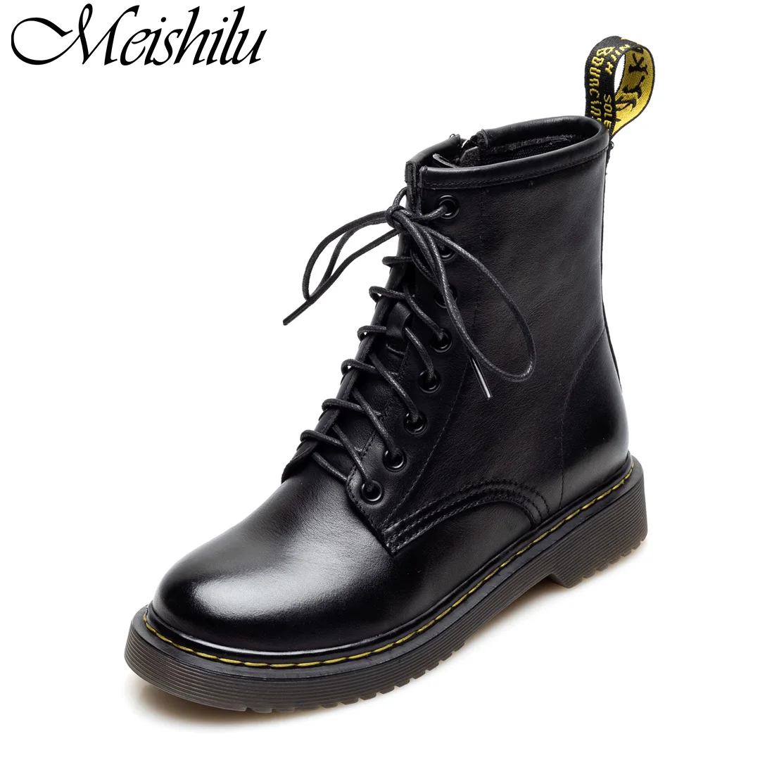 

Мотоциклетные ботинки Meishilu Martin на шнуровке для женщин, мотоциклетные ботинки из натуральной кожи, черная обувь на платформе