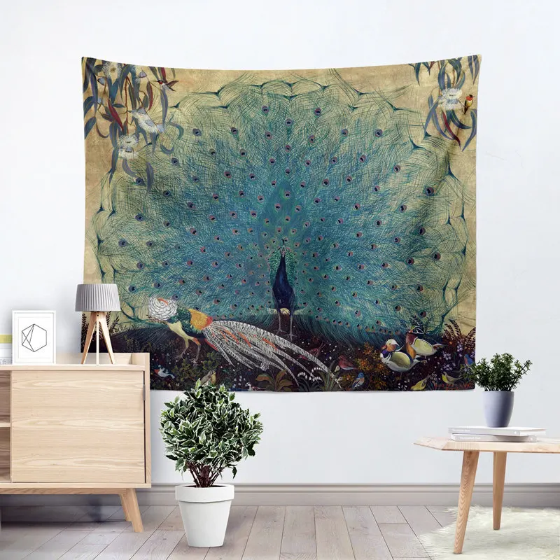 Oil Painting Peacock Flamingo Parrot Crane Home Tapestry Wall Hanging Beach Towel Sitting Blanket Instagram Decor | Дом и сад