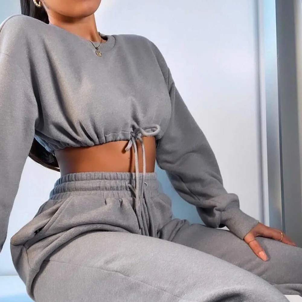 

two piece set winter clothes women 2020 two piece outfits Cotton Fitness Sports Sweatshirt Set Loose Cropped Top
