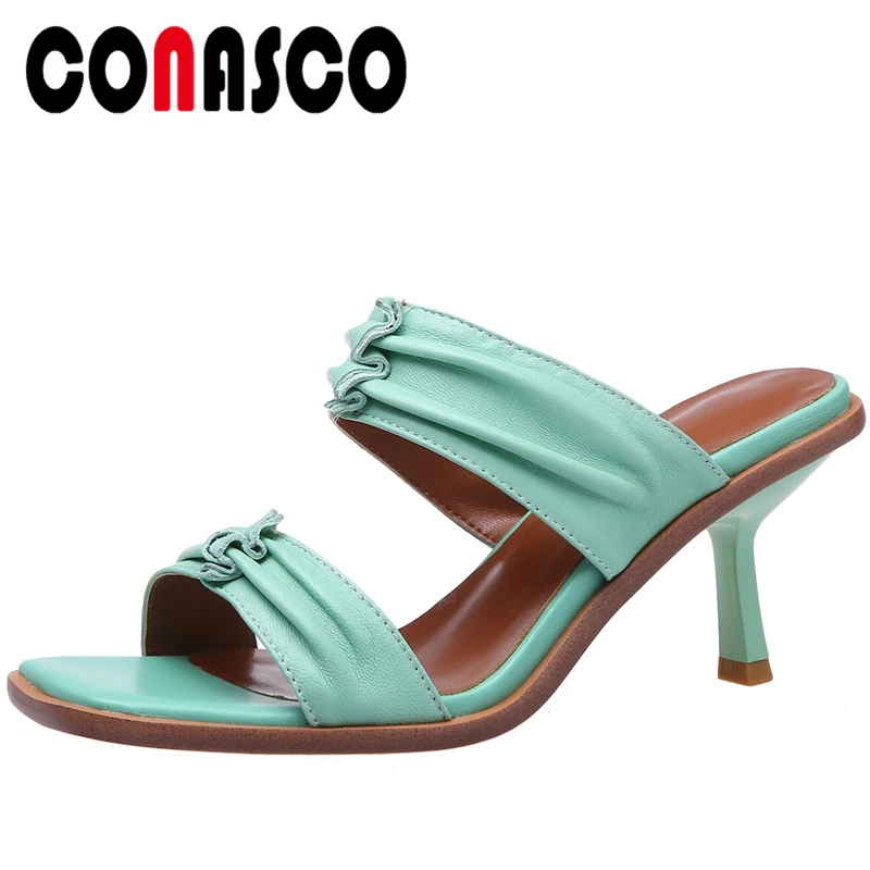

CONASCO Fashion Concise Genuine Leather Women Sandals Slippers Pumps High Heels 2021 Summer New Pleated Patry Casual Shoes Woman