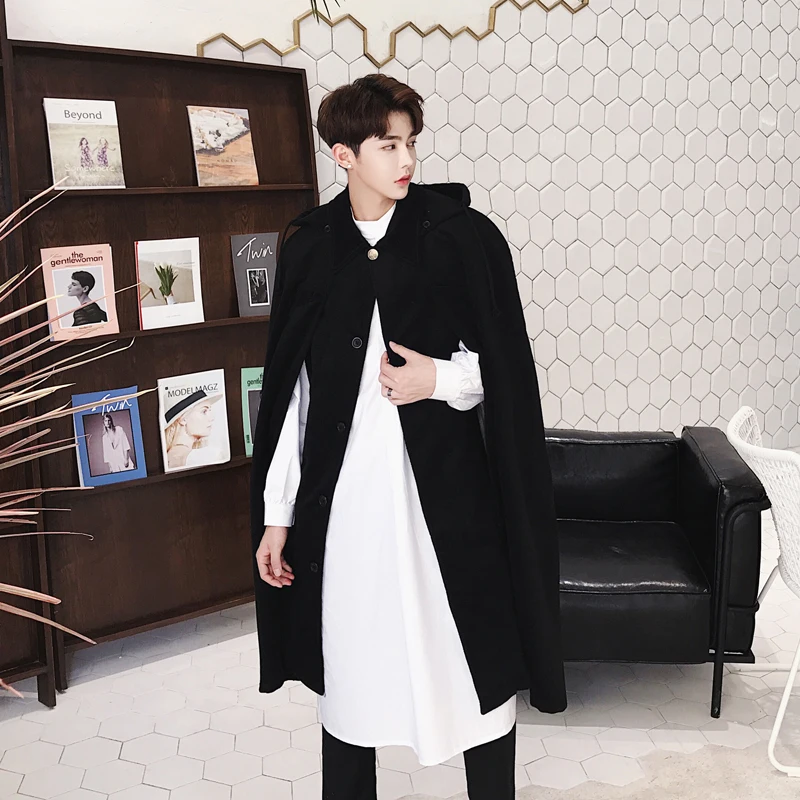 Мужской длинный шерстяной плащ с капюшоном ветровка Модный повседневный