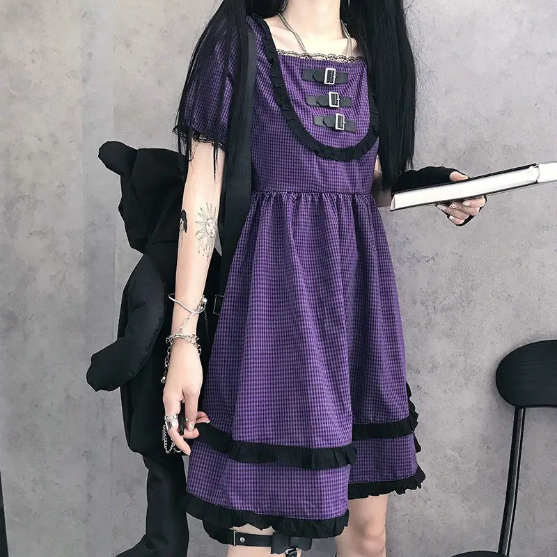 

Emo Goth Japanese Harajuku Gothic Lolita Dress 2021 Summer Puff Sleeve Party Purple Plaid Dress Lace Ruffle Dress Pastel Clothes