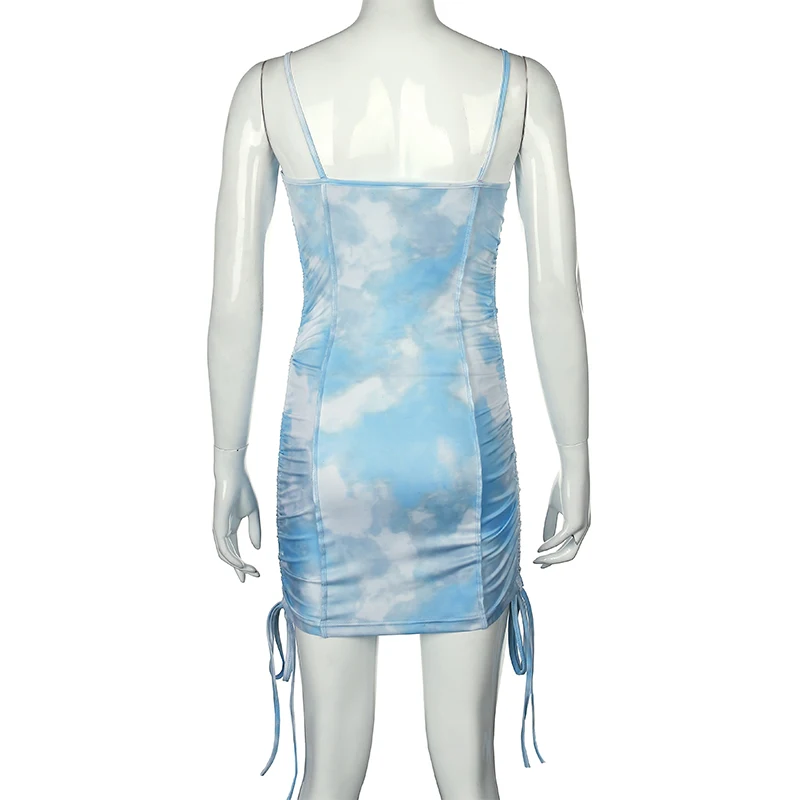 

Side Strap Tie Dye Women Dress Drawstring Patchwork Ruched Summer Bodycon Sheath Club Party Dress Sexy Mini Dresses