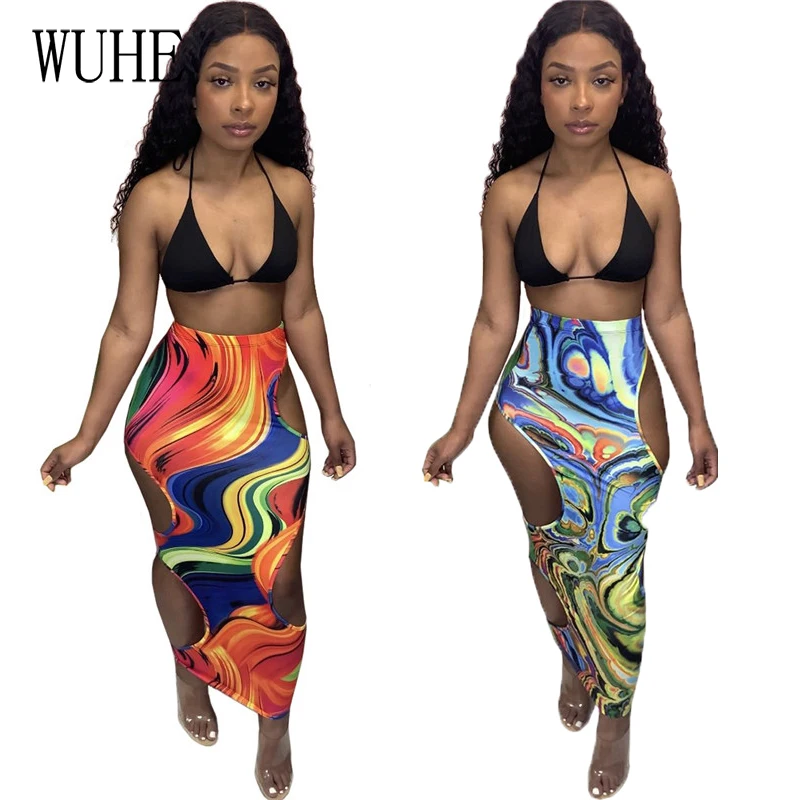 

WUHE Multicolor Print Skinny Skirts Hollow Out Hole Package Hip Sexy High Waist Vintage Party Nightclub Casual Summer Wear