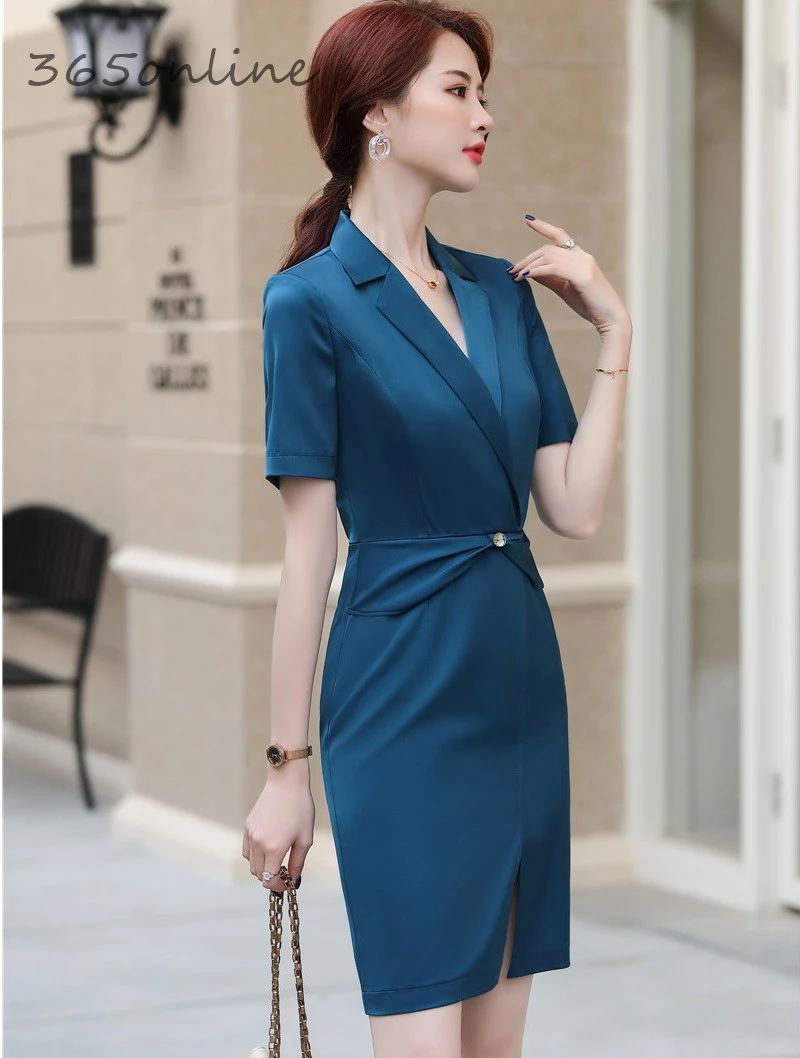 

Novelty Pink Summer Short Sleeve Formal OL Styles Professional Women Dresses Ladies Work Wear Dress Slim Hips Beauty Salon Tops