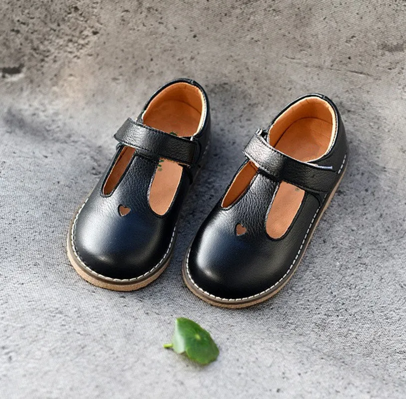 Детские туфли на плоской подошве для девочек школьные черные из натуральной кожи