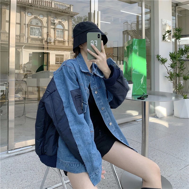 

Korean style retro loose casual tooling stitching cotton denim jacket women