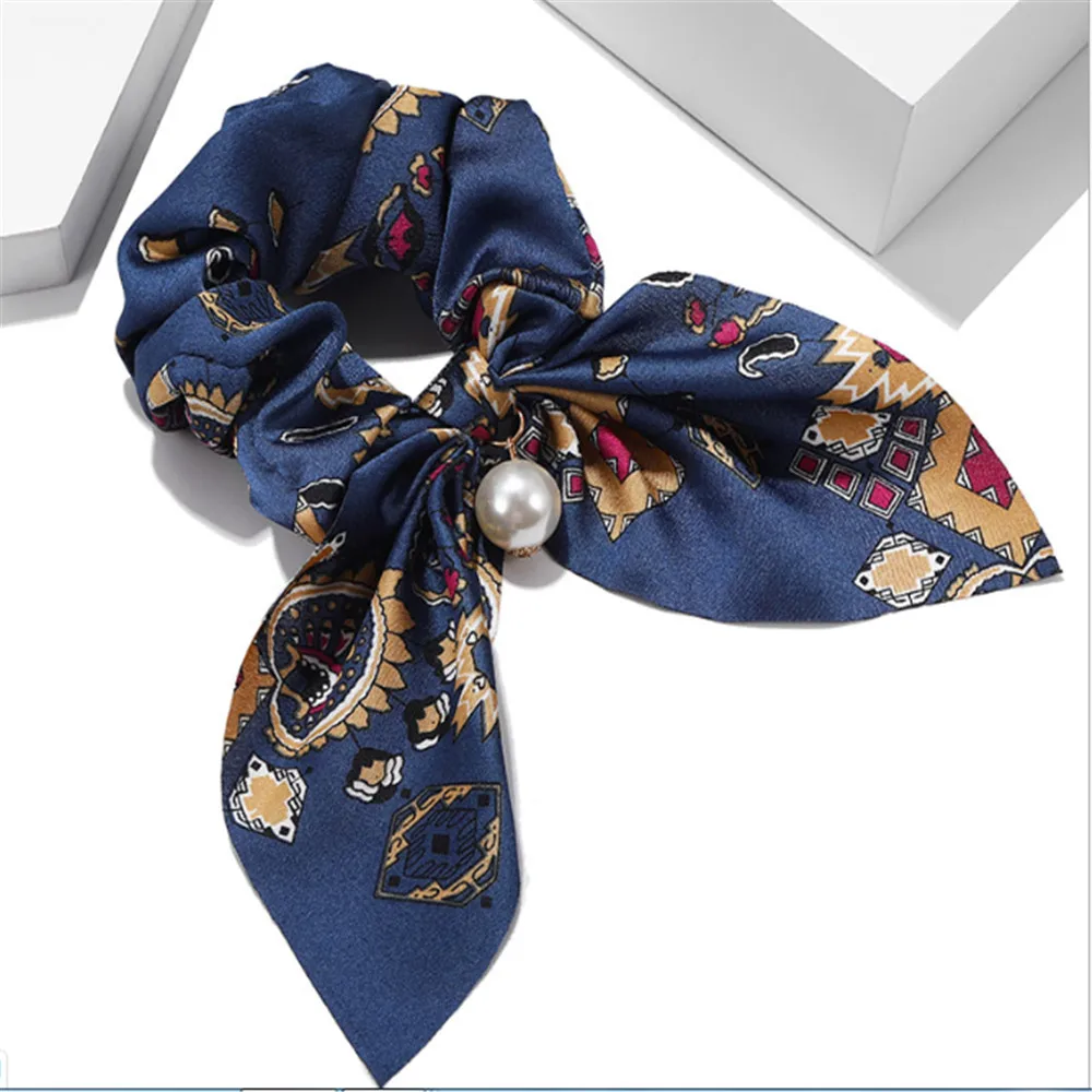 Royal blue Резинки для волос, шифоновые эластичные резинки для волос, бант, жемчуг, резинки для волос, держатель для конского хвоста, шелковые резинки для волос для женщин, аксессуары для волос - Цвет: Royal blue