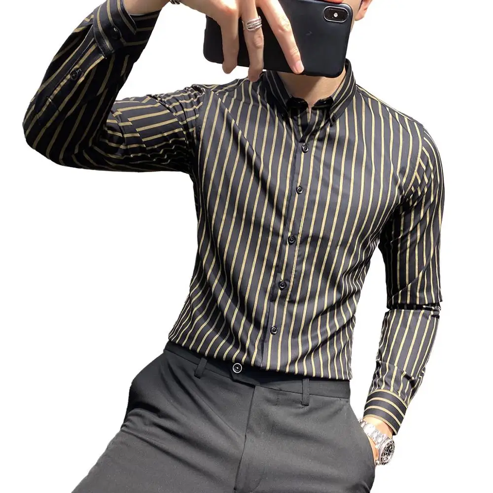

Hot Sale Korean Slim Fit Long Sleeve Men Striped Shirts Formal Wear Simple Casual Business Work Blouse Homme Black/White 3XL-M