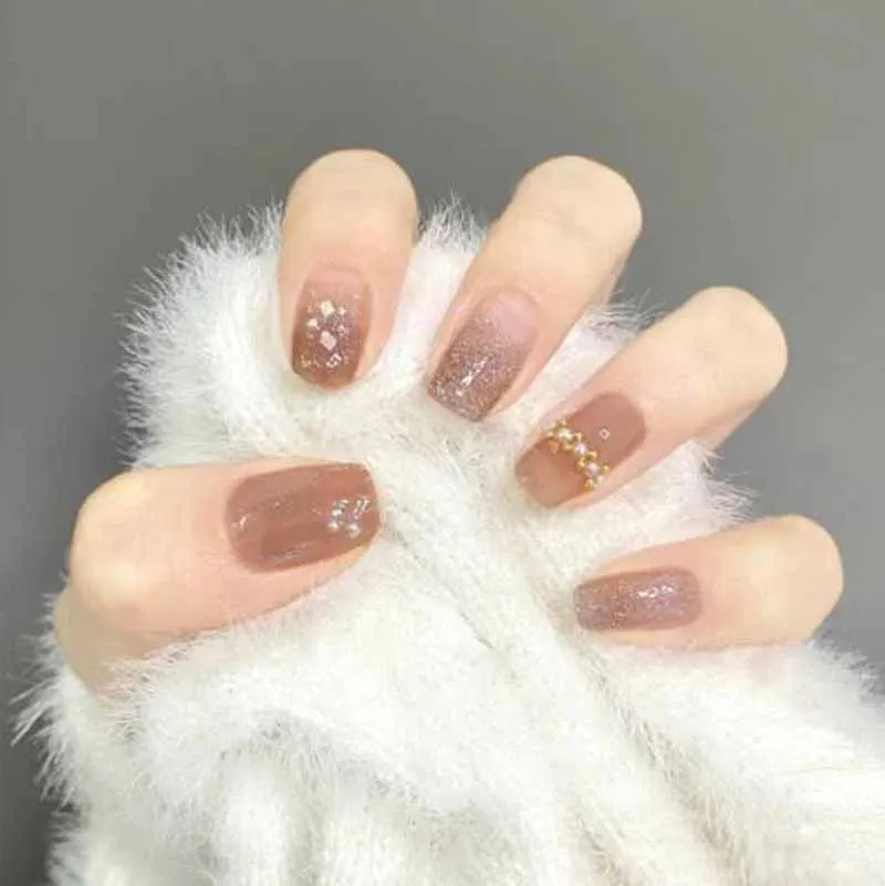 Симпатичные Блестящие бриллиантовые жемчужные накладные ногти искусственные