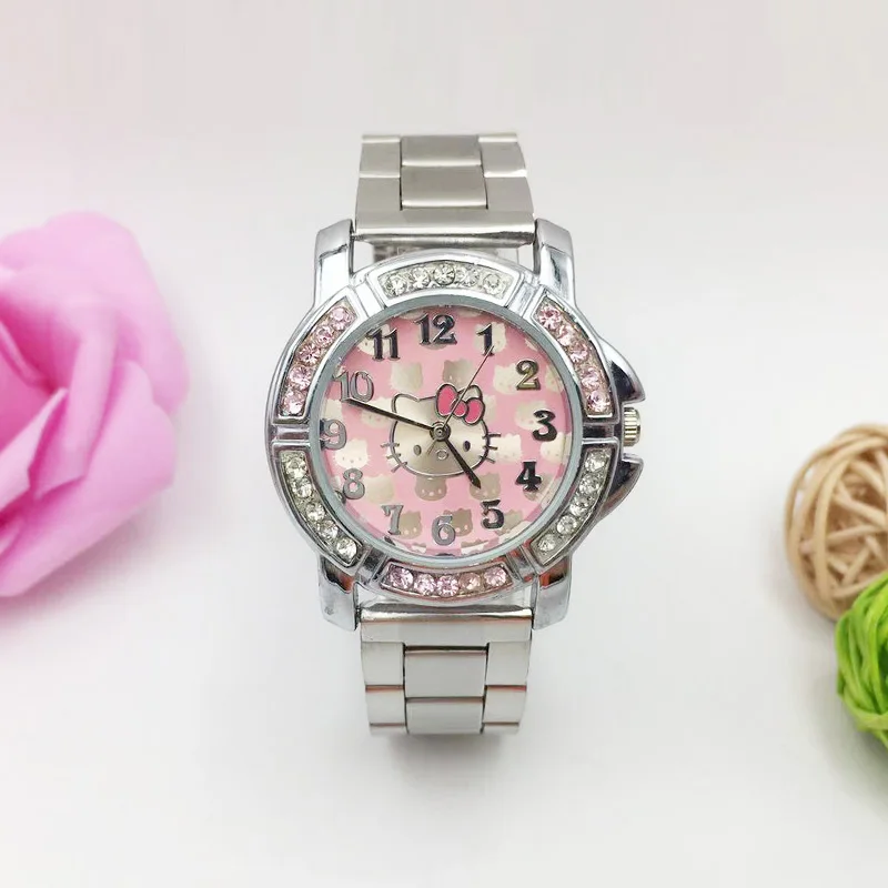 Забавный розовый кот часы дамы классический дизайн женские кварцевые сверкающий
