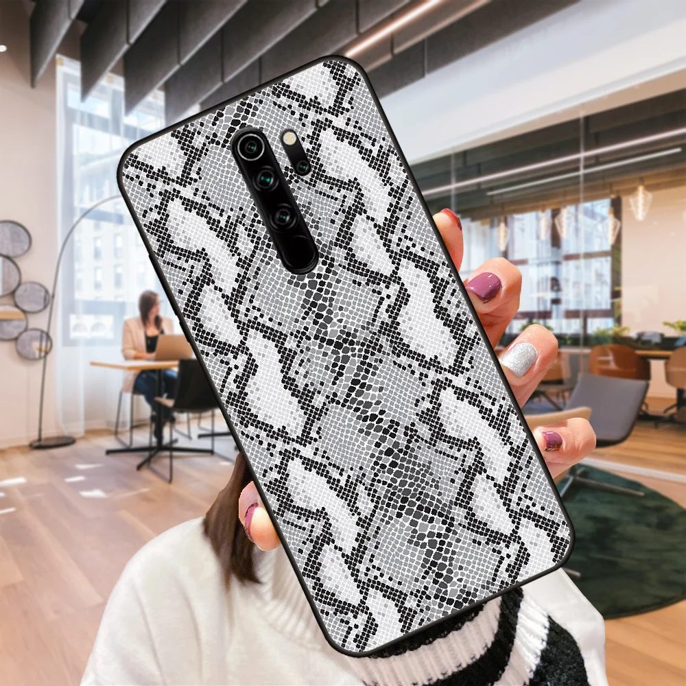 

Phone Case For Xiaomi Redmi 7 7A 8 8A Note 8T 9 9S 4 5 Pro Black Cover Waterproof Art Etui Soft Coque Leopard Snake Print