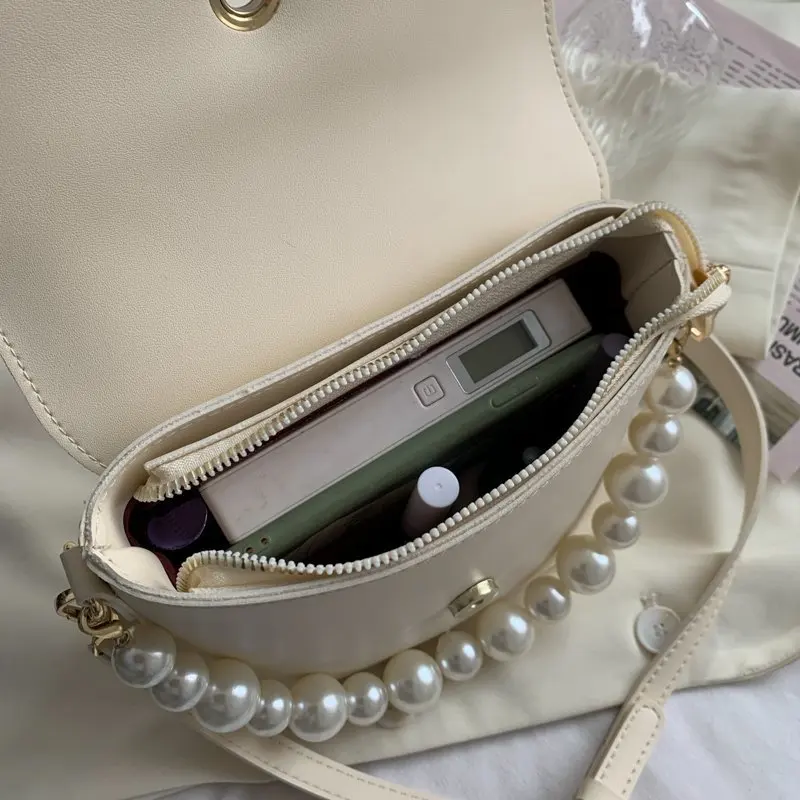 

Fashion Crossbody Bag For Women 2021 New Shoulder Bag Brown Female Artificial Leather Handbag Square With Pearl Decoration