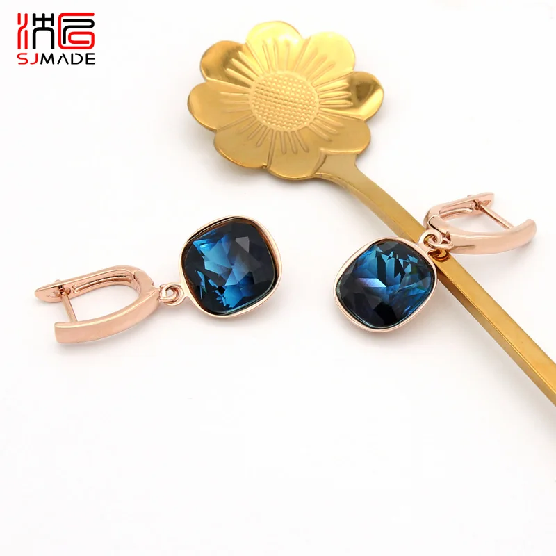 

SJMADE Korean Fashion Elegant Square Imitation Tourmaline Dangle Earrings 585 Rose Gold Trendy Eardrop For Women Wedding Jewelry