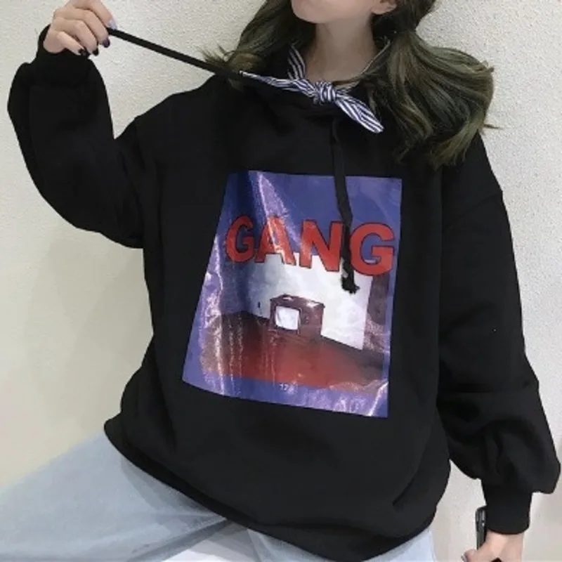 

Толстовка с капюшоном Real Shot Женская Осенняя Корейская в стиле преппи однотонная мультяшная