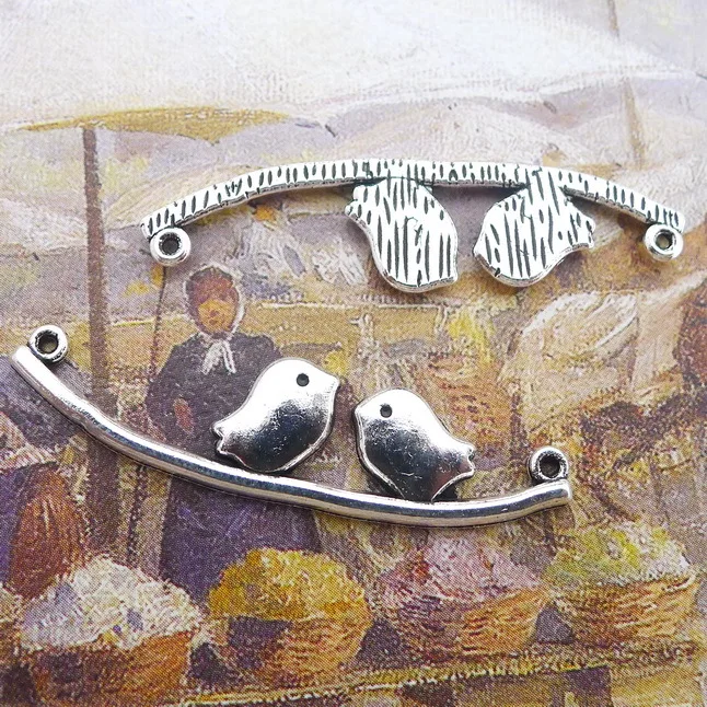 

8 pieces/lot 41*13mm Antique silver color Metal alloy Two Birds sparrow charm Pendant necklace bracelet key chain diy jewelry