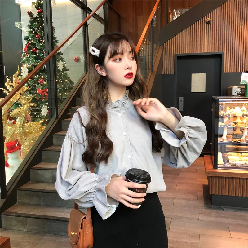 

Spring Autumn Chic Sweet Korean Blouse Shirts Women Preppy Style Cute Ruffled Flare Sleeve Solid Color Loose Blusas for Student