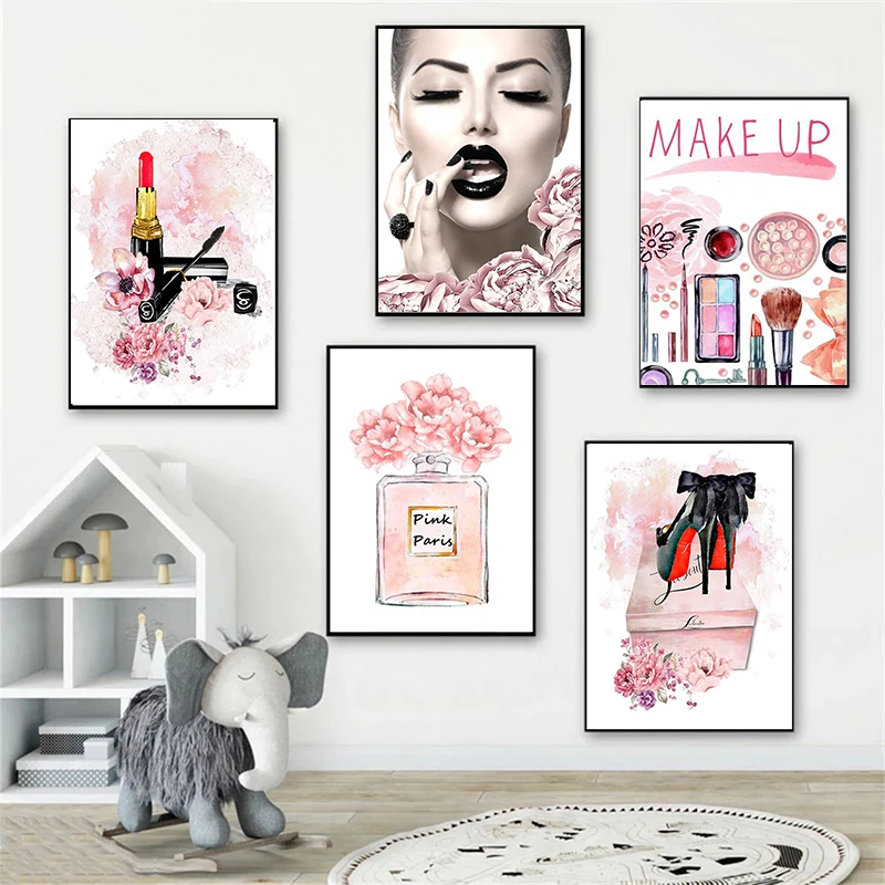 

Fashion Makeup Canvas Painting Wall Art Perfume Heels And Lipstick Picture For Girls Bedroom Home Decor Poster And Prints