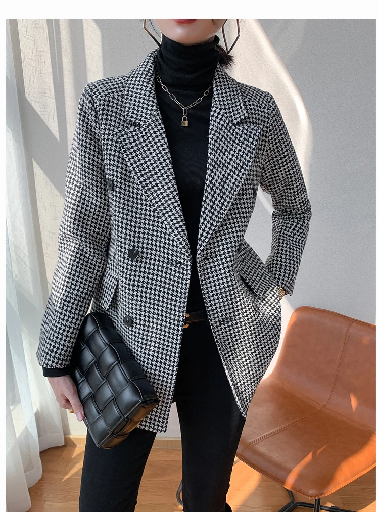 

Houndstooth suit jacket ladies spring new Korean loose retro British style jacket sequin blazer women girls blazer